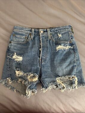 Distressed High-Rise Denim Shorts - Blue